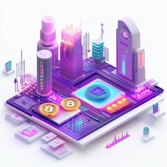 Poster - Bitcoin City: A futuristic isometric rendering of a cryptocurrency metropolis on a circuit board.