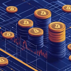 Poster - Stacks of Bitcoin Cryptocurrency Coins on a Technological Background