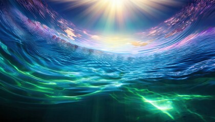 Poster - Illuminating Underwater Serenity. Dreamlike View of Light Rays Penetrating Ocean Waves, Perfect for Relaxation Themes, Aquatic Art, or Inspiring Nature Based Digital Creations