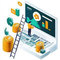 Poster - Bitcoin Investment Growth: Man Analyzing Cryptocurrency Market Data on Laptop