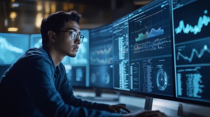Fototapete - A man sits at a computer, looking intently at data displayed on multiple monitors. The screens show graphs, charts, and other information, suggesting he is working on a data-intensive project.