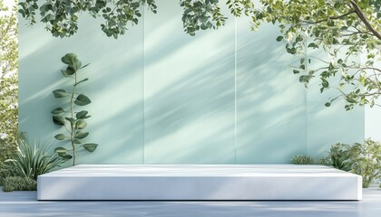 Poster - Eucalyptus 3d Render Image Featuring Mint Wall, Glass, And White Concrete Block Podium In An Empty Space Landscape.