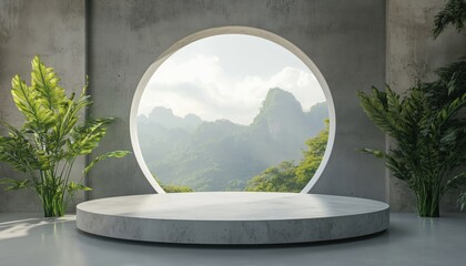 Poster - Empty Concrete Room With Large Circle Window And Round Podium For Product Presentation In A Nature Setting In 3d Render.