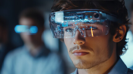 Poster - Man wearing augmented reality glasses, focused on digital interface, technology innovation, futuristic vision, immersive experience