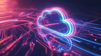 Fototapete - A vibrant cloud shape glows with blue and pink neon lights, surrounded by intricate circuit lines in a dark environment, representing the theme of modern technology and digital connectivity.