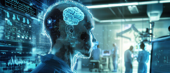 Poster - futuristic digital representation of human head with brain, showcasing medical research and technology in lab environment. scene conveys innovation and advanced science