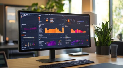 Aufkleber - A sleek office with a well-organized workspace showcases a computer monitor filled with vibrant data visualizations.