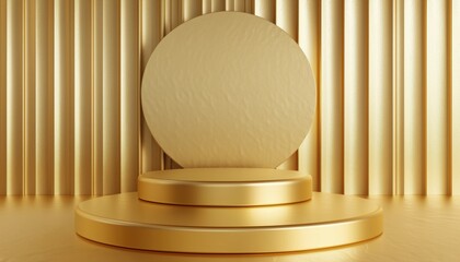 Poster - Geometric Gold Pedestal With Fabric Flutter 3d Render: Circle Wall Shape, Four-Floor Empty Platform For Product Presentation, Gradient From Small To Large.