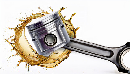 A powerful image of a piston and connecting rod with a dynamic oil splash, perfect for showcasing engine performance and maintenance.