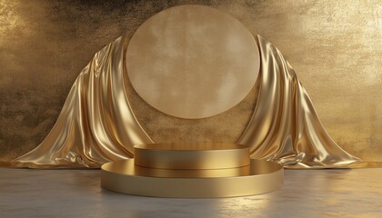 Poster - 3d Render Gold With Fabric Flutter Geometric Shapes On Empty Pedestal With Circle Wall Shape And Gradient Platform For Product Presentation