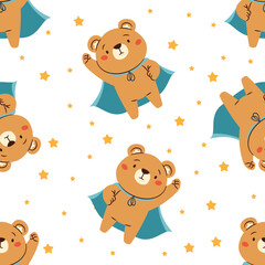 Wall Mural - Seamless vector pattern in a simple childish style. Cute bear superhero and stars . Vector illustration