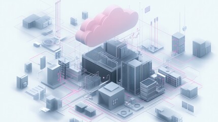 Poster - A modern cityscape features various buildings interconnected through digital networks and cloud technology.