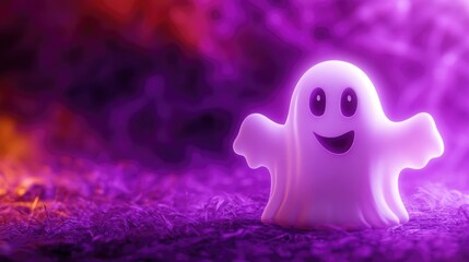 3D glowing ghost character with a cheerful expression, surrounded by vibrant purple hues, perfect for Halloween-themed decorations, illustrations, or festive graphics, Halloween, ghost, purple back...