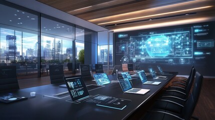 Poster - A conference room with a large screen and several laptops on tables