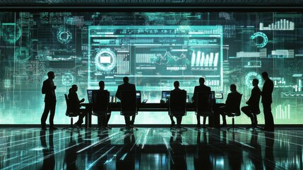 Poster - A group of people are sitting at a table in front of a large screen