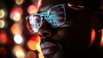 Aufkleber - A man is seen wearing innovative glasses that display digital patterns, capturing vibrant reflections from colorful lights in the background. The atmosphere feels modern and dynamic.