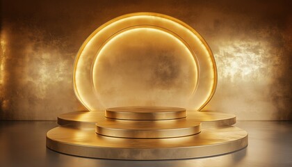 Poster - Luxurious Golden Podium With Geometric Shapes And Empty Pedestal, Circular Wall Design, And Gradient Platform For Product Showcase. 3d Rendering