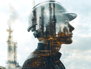 Poster - Reflection of a Worker in a Hard Hat Against Industrial Oil Refineries, Symbolizing Innovation and Progress in Modern Energy Sector
