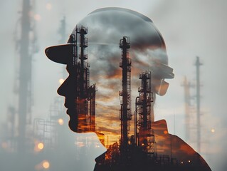 Aufkleber - Profile of a Worker with Industry Silhouette Against Dramatic Sunset, Symbolizing Connection Between Humans and Technology in Modern Infrastructure