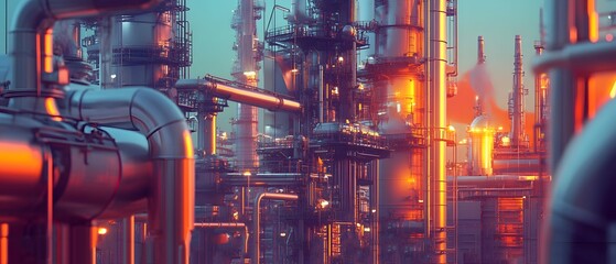 Poster - Industrial Complex at Dusk with Illuminated Pipelines and Equipment Amidst a Colorful Atmosphere Highlighting the Beauty of Modern Engineering and Technology