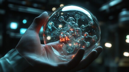 Poster - A hand gently cradles a transparent glass sphere filled with a complex, glowing molecular structure. Small, bright orange points of light illuminate the intricate network within the sphere.