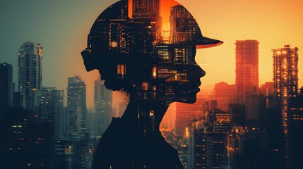 Poster - Silhouette of a Female Construction Worker Against a City Skyline at Sunset, Blending Urban Elements with Engineering Themes in Modern Architecture