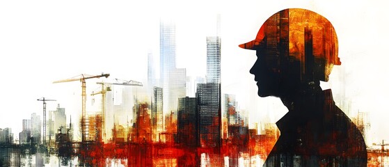 Poster - Silhouette of Construction Worker Against Abstract City Skyline with Cranes and Modern Buildings, Symbolizing Urban Development and Engineering Progress