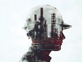 Aufkleber - Double Exposure of Engineer Silhouette and Industrial Complex with Oil Refinery for Themes of Energy, Environment, and Sustainability in Modern Industry Context