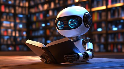 Aufkleber - A Futuristic Robot Reading a Book in a Library Surrounded by Colorful Bookshelves, Symbolizing Knowledge and Technology Advancement in Education