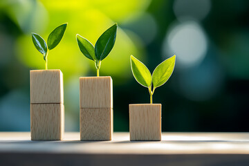 Wall Mural - Three Growing Plants in Wooden Blocks: A Symbol of Environmental Growth and Sustainability