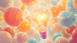 © Thiago - Single light bulb glows brightly amidst a group of soft orbs, representing a unique idea or solution. Electric Light Orbs. Illustration