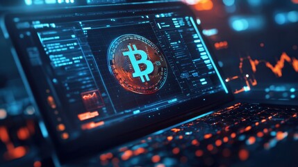 Poster - A Close-Up View of a Laptop Screen Displaying a Bitcoin Symbol Surrounded by Digital Financial Data, Charts, and Cyber Elements in a Modern Workspace