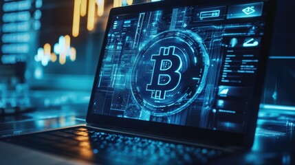 Poster - Digital Representation of Cryptocurrency and Blockchain Technology on a Laptop Screen with Financial Graphs and Data Visualizations in the Background