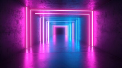 Fototapete - Glowing 3D tunnel with vibrant neon pink and blue lights creating an abstract atmosphere, featuring a square portal and a dynamic laser show for immersive visual experiences.