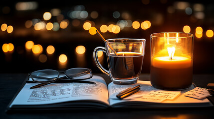 Aufkleber - cozy evening scene with book, coffee, and candlelight ambiance