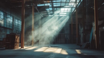 Poster - Serene Industrial Warehouse with Rays of Light Streaming Through Dusty Air Creating a Beautiful Atmosphere in an Abandoned Space