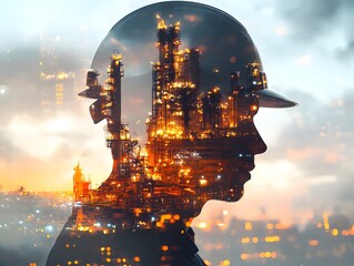 Poster - Profile of a Construction Worker with an Overlay of a Vibrant Oil Refinery at Night, Symbolizing Industry and Labor in Modern Society