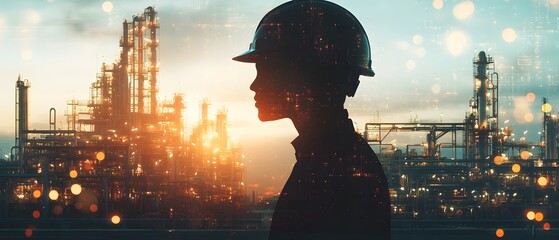 Poster - Profile of a Construction Worker in Hard Hat Against Industrial Background with Silhouetted Refineries and Digital Overlay, Symbolizing Innovation in Energy Sector