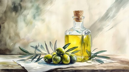 Wall Mural - Watercolor Olive Oil Bottle and Olives - Still life watercolor painting of a bottle of olive oil and fresh olives, symbolizing health, Mediterranean cuisine, nature, purity, and flavor.