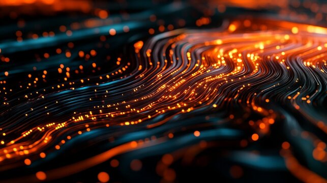 Abstract digital artwork depicts a flowing, textured surface. The surface is dark, predominantly blue and black, with bright orange glowing lines creating a wave-like pattern.