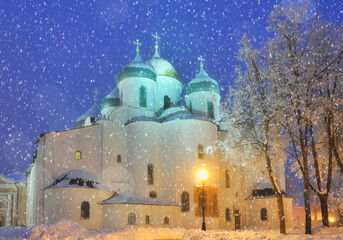 Wall Mural - Veliky Novgorod Russia, winter wonderland landscape of Saint Sophia cathedral in Veliky Novgorod, Russia