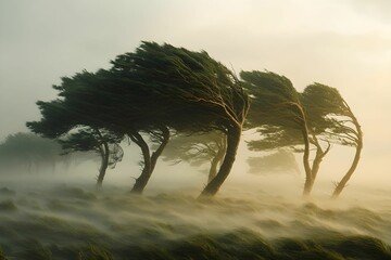 Wall Mural - Strong winds sway trees in a misty landscape during early morning