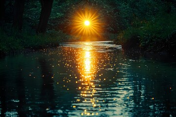 Wall Mural - Sunlight reflecting over a tranquil river at sunset near forest