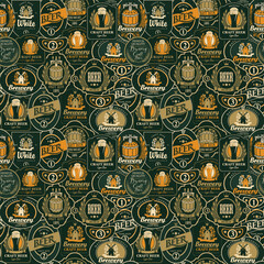 Wall Mural - Vector seamless pattern on the theme of beer with various beer labels with images of barrels, beer glasses, mills, laurel wreathes, ears of wheat and other in retro style