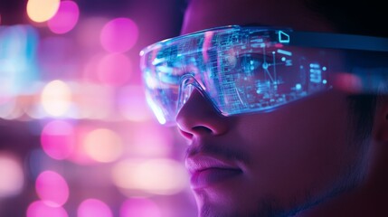 Fototapete - Close-up view of a person wearing transparent augmented reality glasses. Data streams are visible on the lenses. The background is blurred bokeh of purple and pink city lights at night.