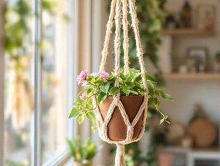 Poster - A delicate pastel-colored macrame plant hanger with a blooming houseplant, hanging near a bright window, glowing natural light highlighting the details