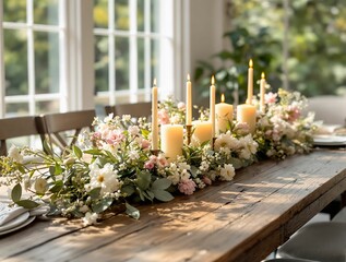 Poster - A rustic wooden dining table with a spring-themed centerpiece of candles and fresh flowers, sunlight streaming through large windows, blurred greenery outside, cozy and inviting