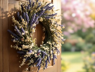 Poster - A vintage-style spring wreath made of dried lavender and wildflowers, hanging on a rustic wooden door, soft golden light and blurred garden view in the background