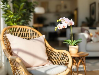 Poster - A cozy spring patio with a wicker chair, a knitted blanket, and a small coffee table with a vase of tulips, glowing warm light and blurred blooming garden in the background