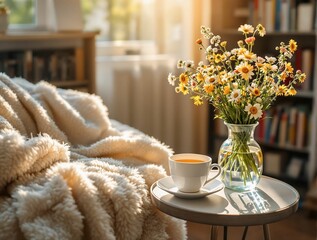 Poster - A minimalist spring workspace setup with a clean white desk, a vase of daisies, and pastel-colored stationery, glowing morning light and blurred soft bokeh in the background